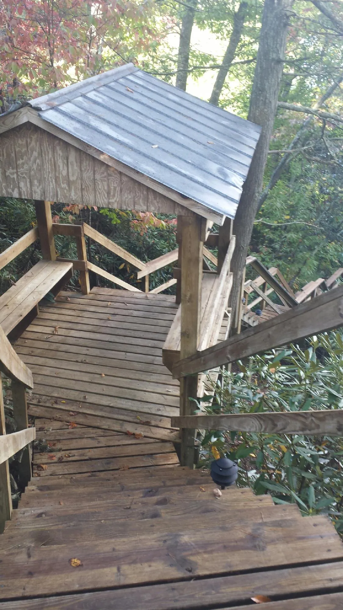 Metal roofed shelter over wooden steps on a wooded walkway — Skylight Repair & Installation work by our crew in Tuscaloosa